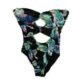 Hula Honey Black Strapless One-Piece Swimsuit With Twisted Palm Print Cutout M‎